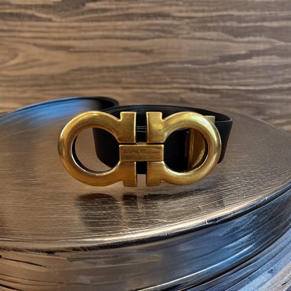 Salvatore Ferragamo Rustic Gold /Black Leather Belt